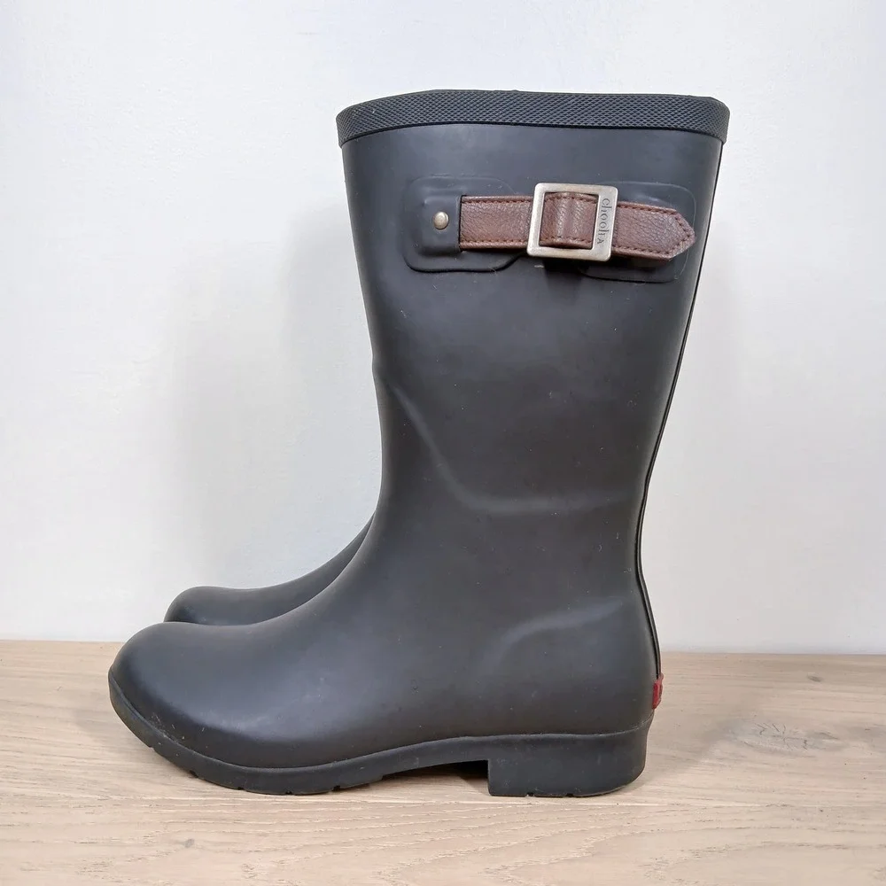 Chooka Rain Boots Womens 7 Black Waterproof Rubber Mid Calf Buckle Matte Finish